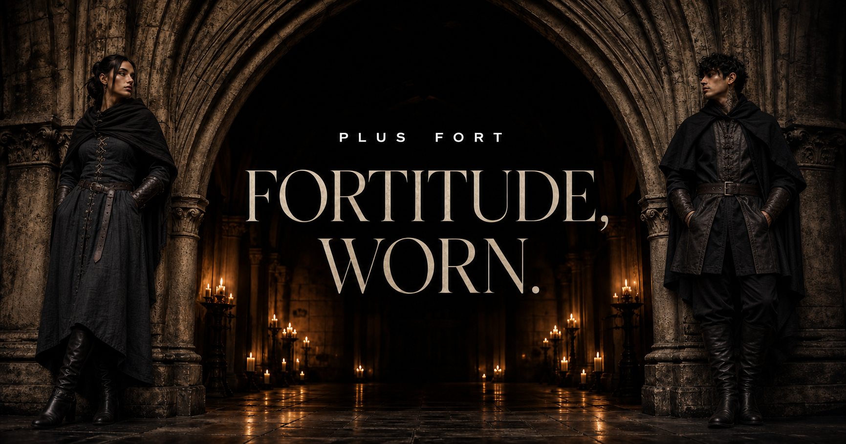 Plus Fort Clothing campaign: Fortitude, Worn, with women’s and men’s fashion in a candlelit gothic dungeon